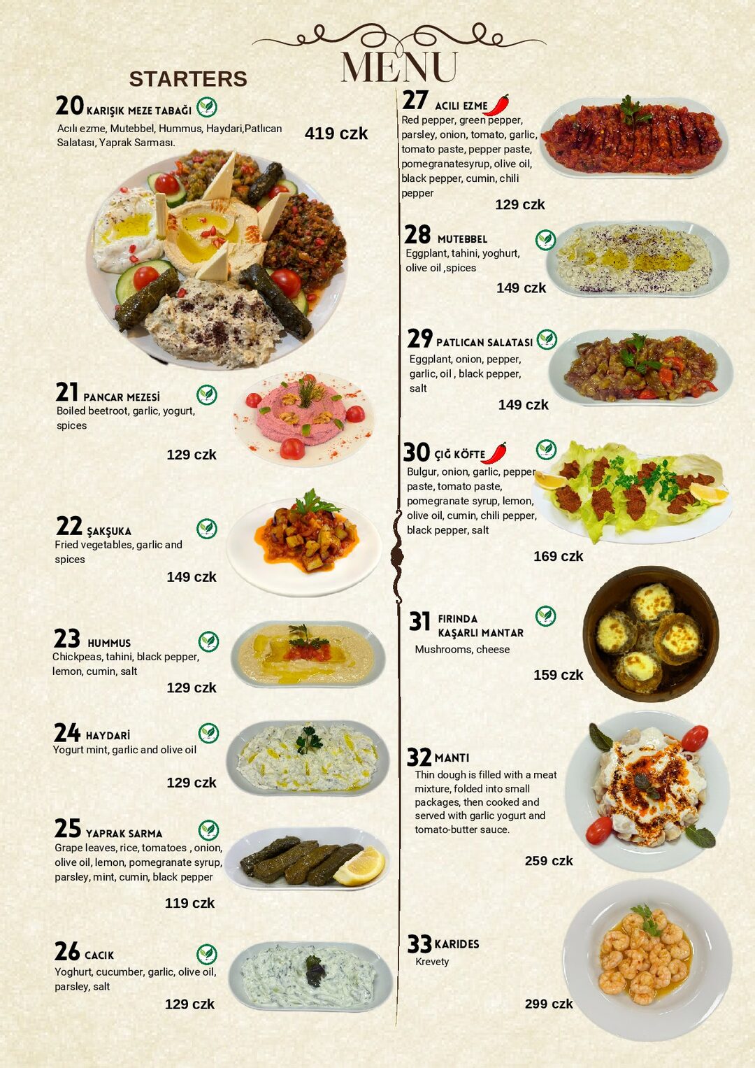 Mehmet Efendi menu — starters and meze